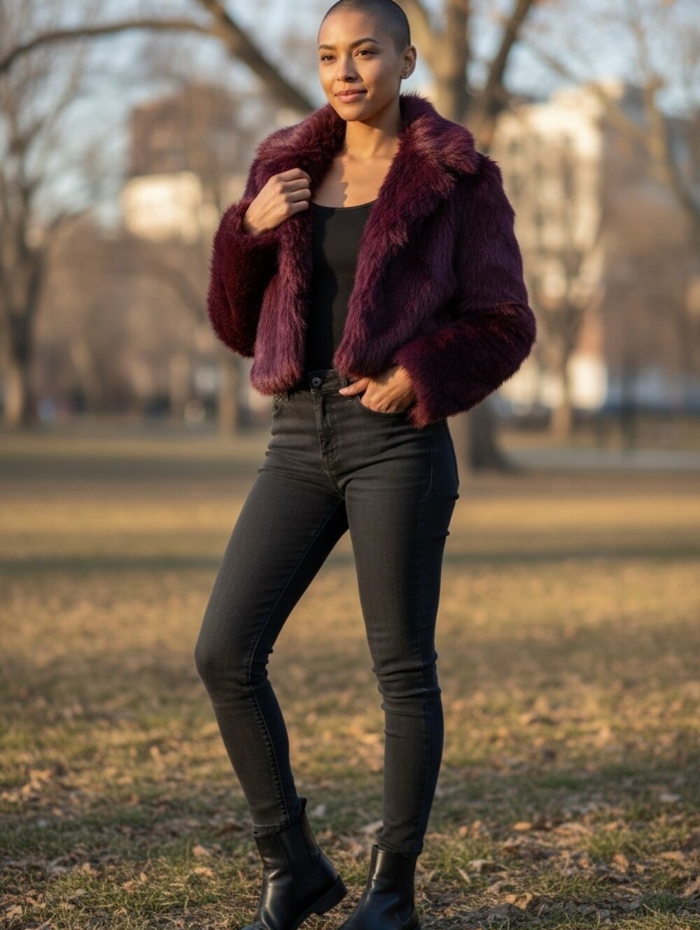 No Boundaries Faux Fur Cropped Jacket - Burgundy Plum